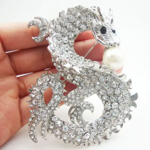 

Silver Tone Elegant Dragon Pearl Pendant Clear Rhinestone Crystal Brooch Pin
