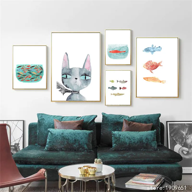 cotton no frame modern cartoon animal cat fish  canvas printings oil painting printed on cotton home wall art decoration picture