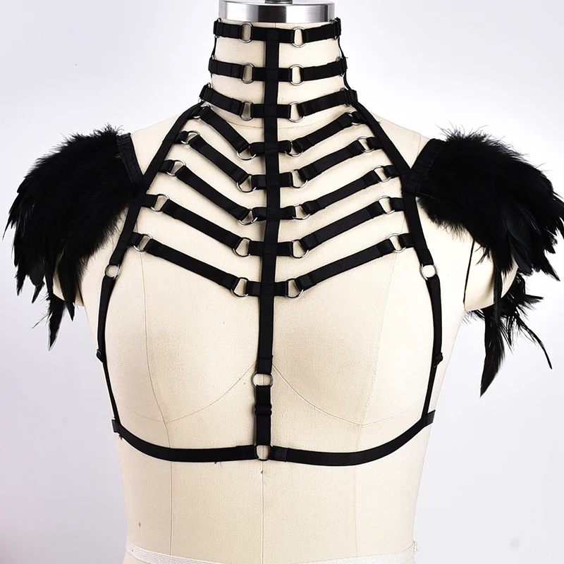 

Festival Black Feather Epaulettes Gothic Body Harness Bondage Harness Belt Shoulder BurningMan Body Cage Costume Clothing Wing