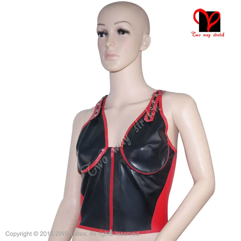 Sexy Latex Sleeveless Jacket with zipper at front Rubber Top Black with Red color plus size clothes clothing size XXXL SY-041