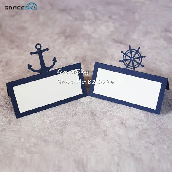 50pcs Free Shipping Laser Cut Nautical Anchor Ship Wheel tent Paper Place Name Seat Wedding Invitation Table Card Wedding Party