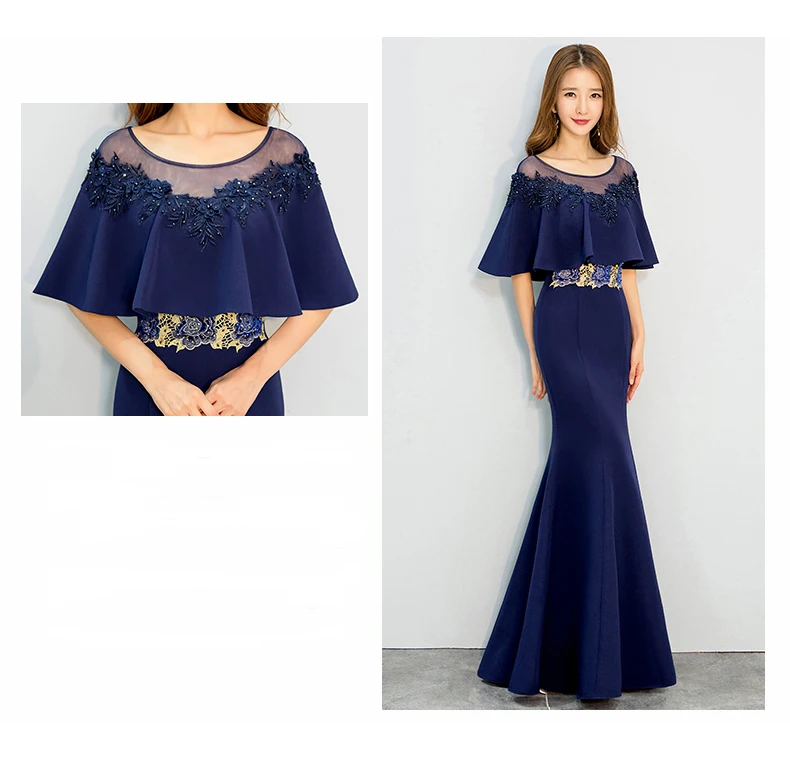 Beauty Emily Navy blue Evening Dress Cloak Cape Drape Tunic Formal Celebrity Elegant Evening Party fishtail Dress Spring