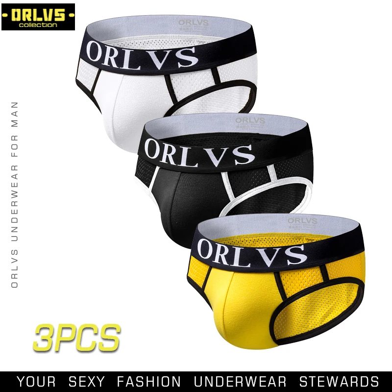 ORLVS 3PC/LOT Brand Breathable Men Underwear Gay Briefs Male Panties Nylon Cueca Tanga Comfortable Underpants Mesh Men Briefs