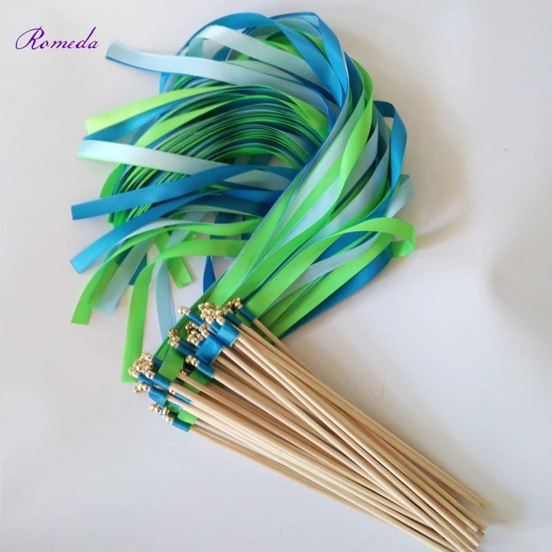 New Arrival 3 ribbon blue light blue green  Wedding ribbon Wands  with gold Bells Streamers Birthday Party