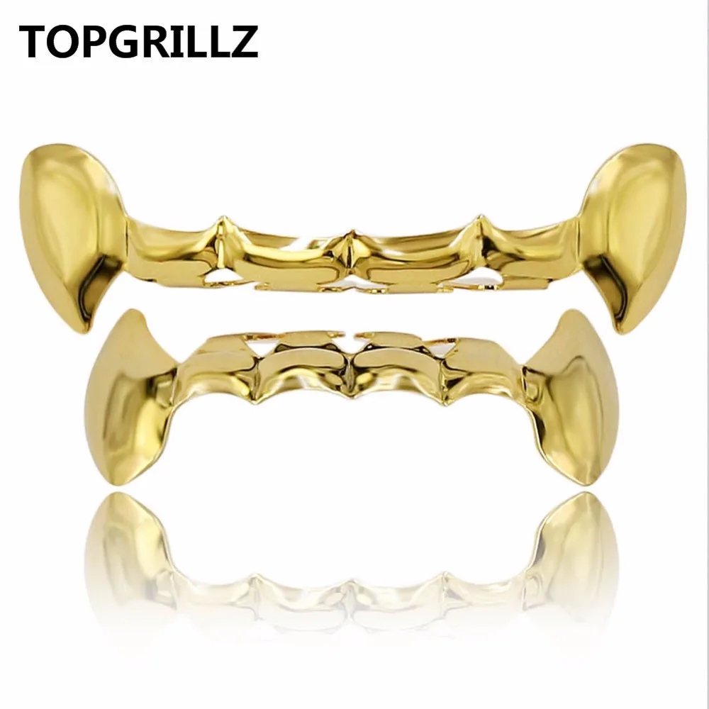 TOPGRILLZ Pure Gold Color Plated HIP HOP Teeth Grillz Top & Bottom Grill Set With silicone Teeth ship from US