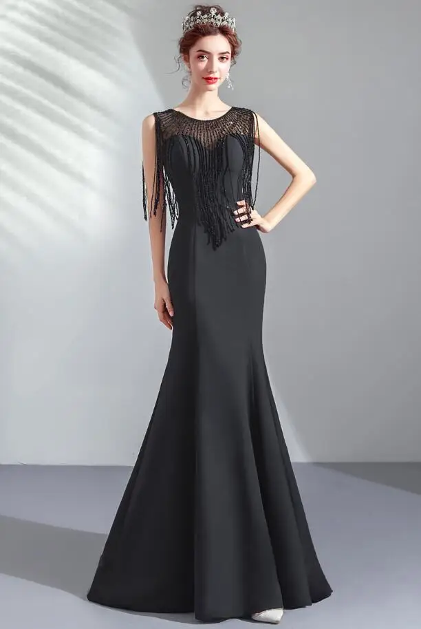 Di lusso in rilievo del vestito da sera nero nobile della sirena vestito da promenade festa di laurea abiti da sposa doccia vestito convenzionale Vestido de noiva