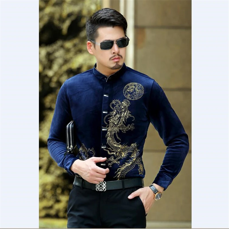 Bronzing Dragon Dress Men Shirt Long Sleeved Stand Collar Casual New Fashion Velvet Soft Comfortable Oversized Camisas De Hombre