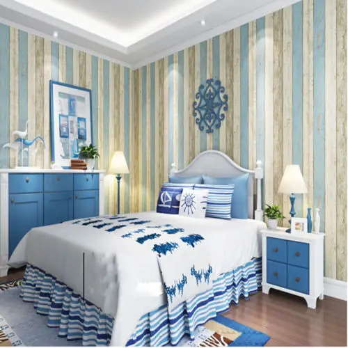 Q QIHANG Simplicity Mediterranean Striped Style Non-woven Blue Cream Wallpaper 0.53m*10m=5.3m2