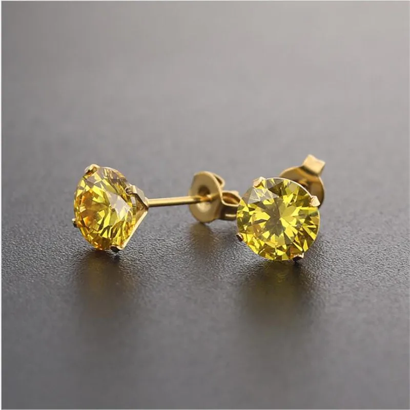 PE84 Titanium Zircon Stud Earrings 6MM Round Colorful Crystal Earring Stainless Steel Jewelry