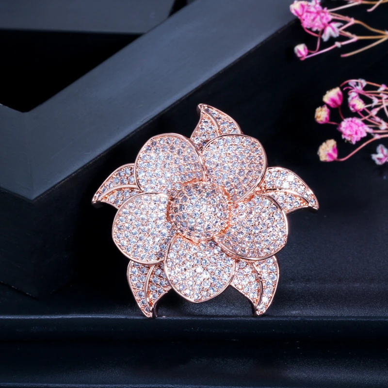CWWZircons Luxury Flower Leaf Micro Pave Cubic Zirconia Stone Big Rose Gold Color Bridal Wedding Party Finger Rings Jewelry R124