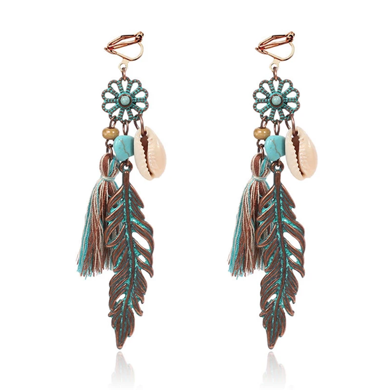 JIOFREE Vintage Bohemian Ethnic Tassel Fringe Leaf Clip on Earrings For Women Girls Anniversary Wedding Party Jewelry Wholesale