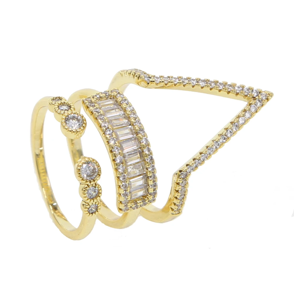 new sparking cz Jewelry Ring for Women Gold Color delicate dainty Shiny Polished 3pc Chevron V Shape Knuckle Ring set