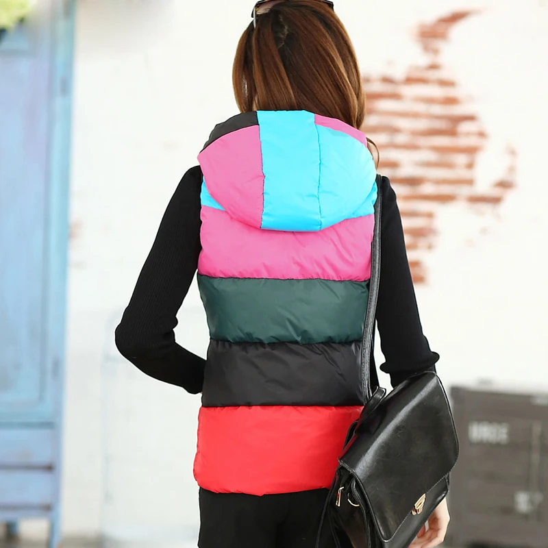 Winter Coat for Women Vests Stand Collar Sleeveless Coat Thicken Warm Hooded  Vest Fashion Rainbow Jacket Lady Cotton Overcoat