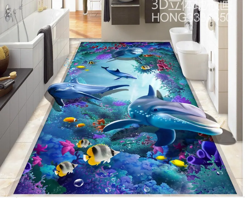 Sea World Dolphin floor mural painting PVC waterproof floor 3d floor painting Wallpaper 3d stereoscopic