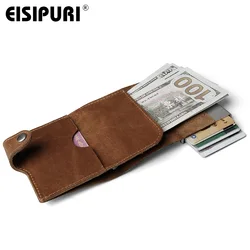 Men Prevents RFID information leakage 100% Genuine leather mini wallet safe Multifunction Aluminum Automatic Pop Up Card