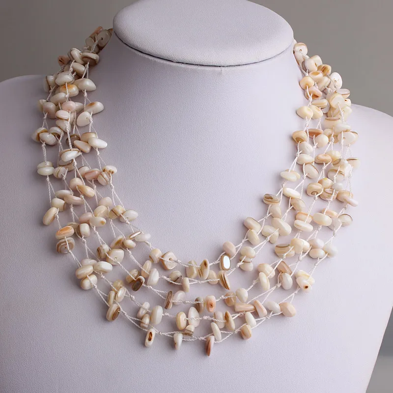 New Handmade Multi-strand Mother of Pearl And Coral Chips Women Bohemia Style Holiday Choker Bib Chunky Beaded Necklaces SBN-002