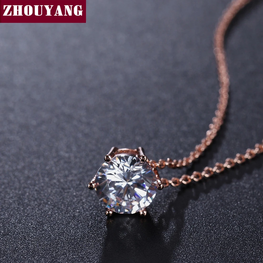 ZHOUYANG Necklace For Women Simple Six Claw 8mm Cubic Zirconia Rose Gold Color Fashion Jewelry Pendant Gift ZYN431 ZYN432