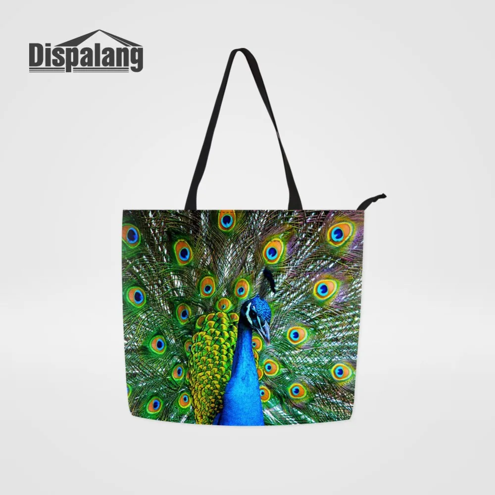 Dispalang Eco Reusable Handbags Shopping Bags Cute Peacock Butterfly Animals Printing Travel Shopping Tote Grocery Bag For Women