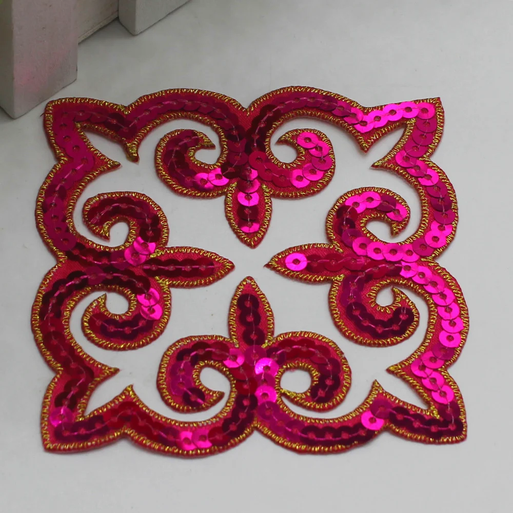 1 Piece Sequined Flower Patches Squared Iron on Applique Padded Costume Trims 9cm*9cm