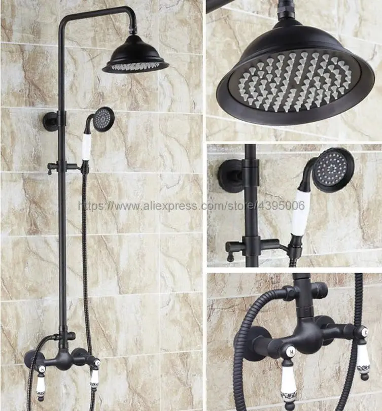 Black Oil Rubbed Bronze Wall Mount Shower Set Faucet Double Handle with Handshower + Bathroom Shower Mixer Tap Brs511