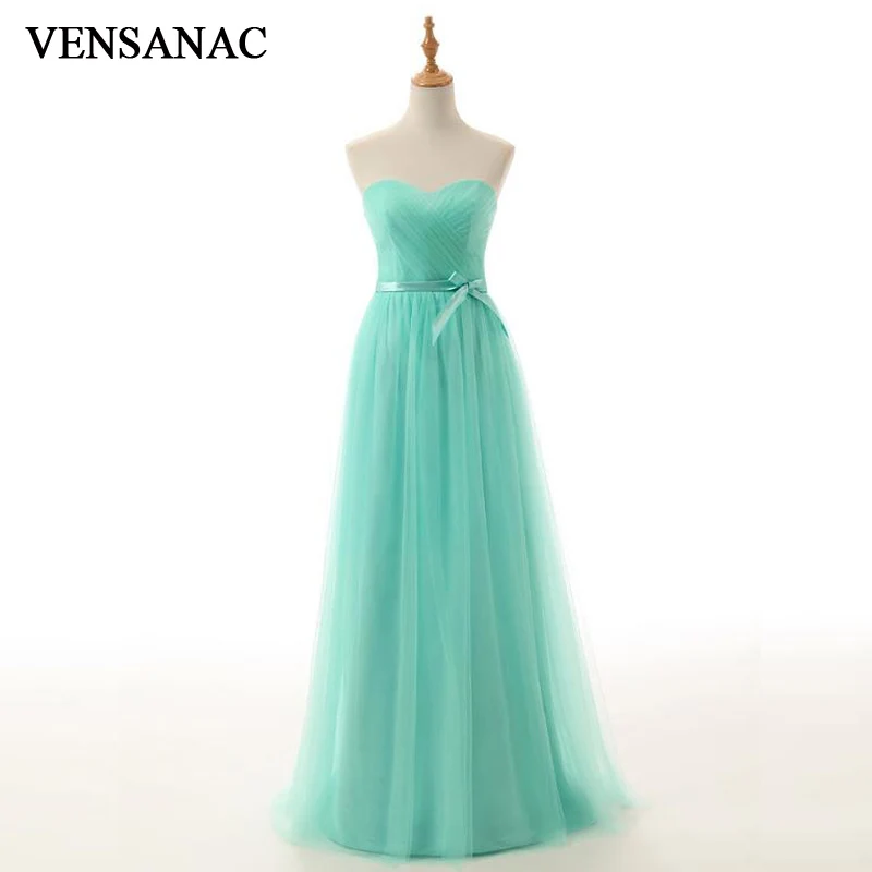 

VENSANAC 2018 A Line Strapless Bow Sash Tulle Long Evening Dresses Party Pleat Backless Off The Shoulder Prom Gowns