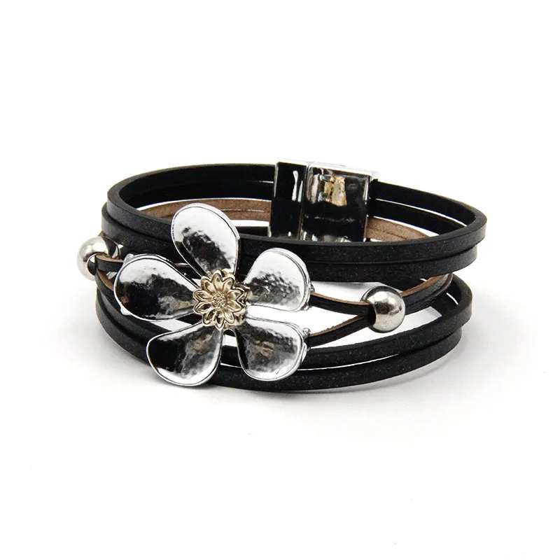 ZG  Multilayer Leather Bracelets for Women Femme 4 Colors Magnet Clasp Flower Bohemian Style Bangle Female Jewelry