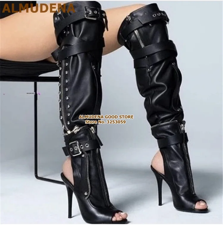 ALMUDENA Punk Stylish Black Leather Over-the-knee Boots Buckle Strap Studded Long Boots Open Toe High Heel High Boots Size47