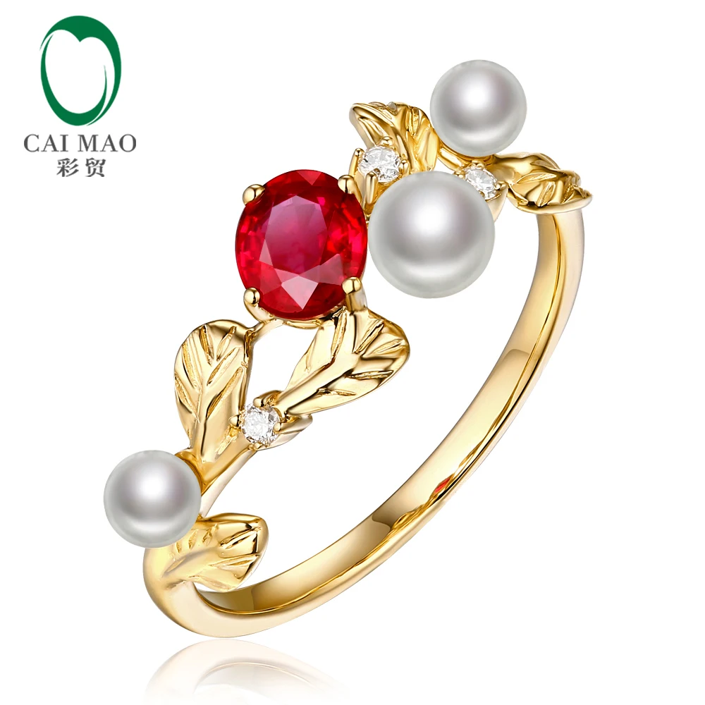 

Caimao 14k Gold Natural 0.44ct Ruby with Pearl Diamond Vintage Design Engagement Wedding Ring