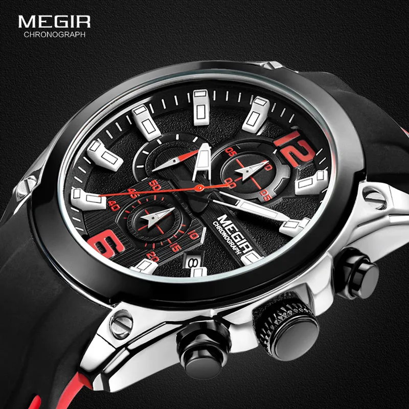 Mannen Siliconen Sport Leger Quartz Horloges Zwarte Lichtgevende Chronograaf Stopwatch Klok Man Relojios Masculino 2063GS-BK-1