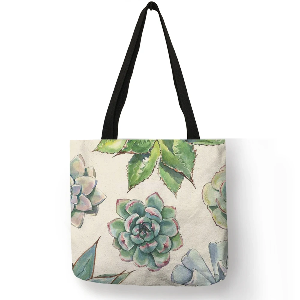 Watercolor Tropical succulent Plants Print Linen Bag Floral Tote Bags For Women Folding Reusable Shopping Bags Traveling Bags