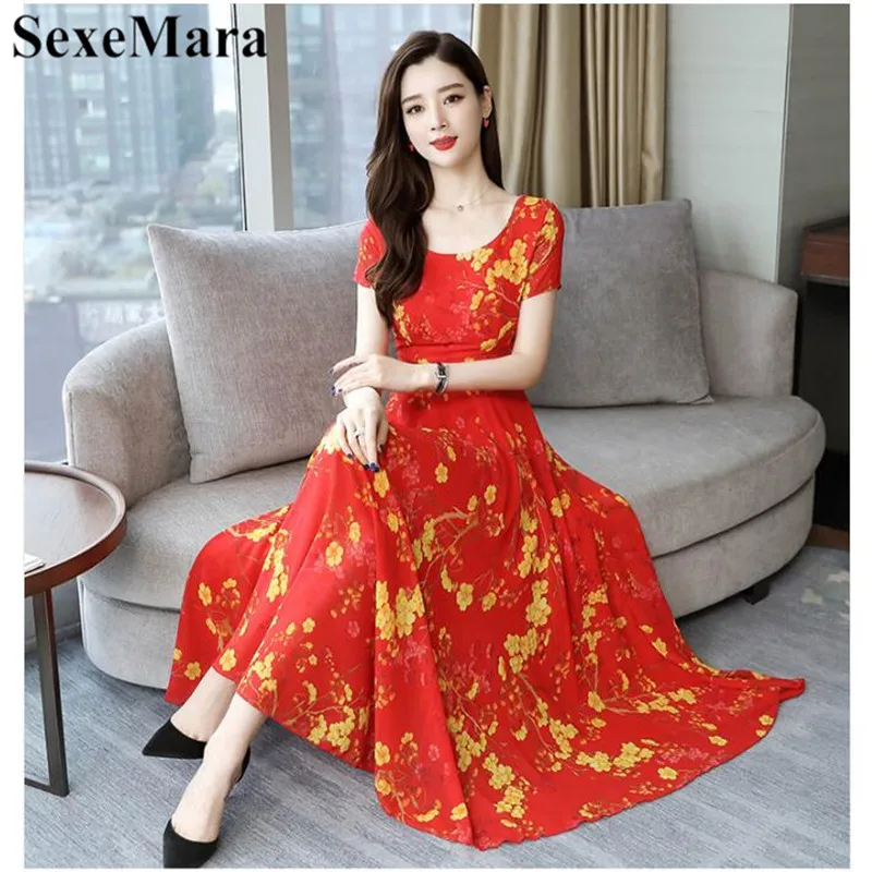 

SexeMara Bohemian Style O-Neck Short-Sleeved Printed Temperament Waist Chiffon Long Large Dress 2019 Summer New Style