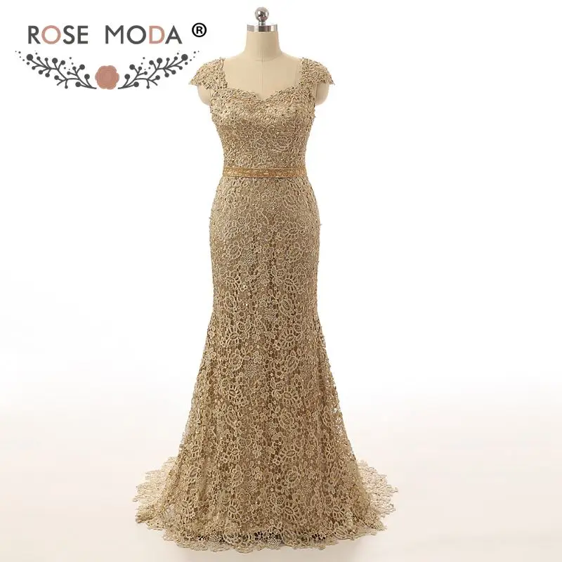 Rose Moda Stunning Cap Sleeves Gold Lace Mermaid Mother of the Bride Dress Formal MOB Real Photos