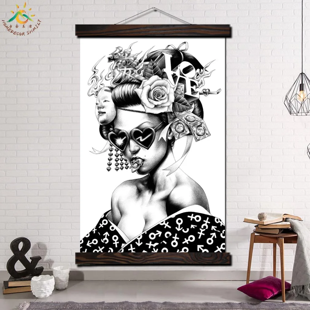 

Japan Bad Makeup Girl Framed Scroll Painting Modern Canvas Prints Poster Artwork Wall Art Pictures Home Decor