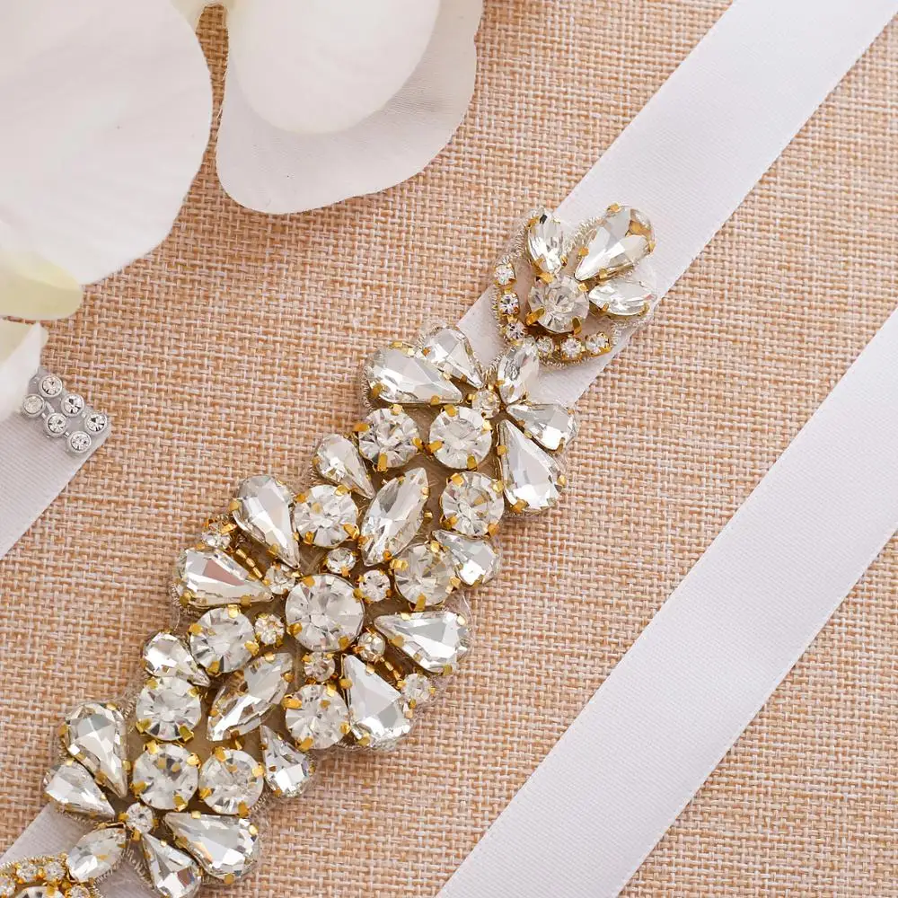 SESTHFAR Gold Rhinestones Bridal Belt Diamond Wedding Belt Beaded Crystal Wedding Sash For Dress Accessories