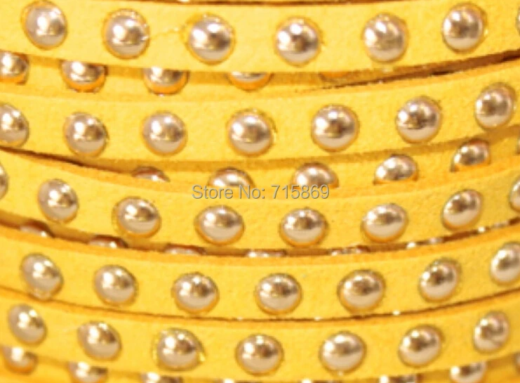 Free Ship 100 Meters Golden Yellow  5 x1.5mm w/ Gold Rivet Accents Microfiber Flat Faux Suede LeatherLace Cord For DIYJewelry