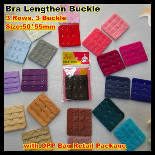 200pcs! 50*55mm Bra Lengthen Buckle,3 Rows, 4 Buckle Plating Polyester Bra Extenders,21 colors,with OPP Bag Retail Package