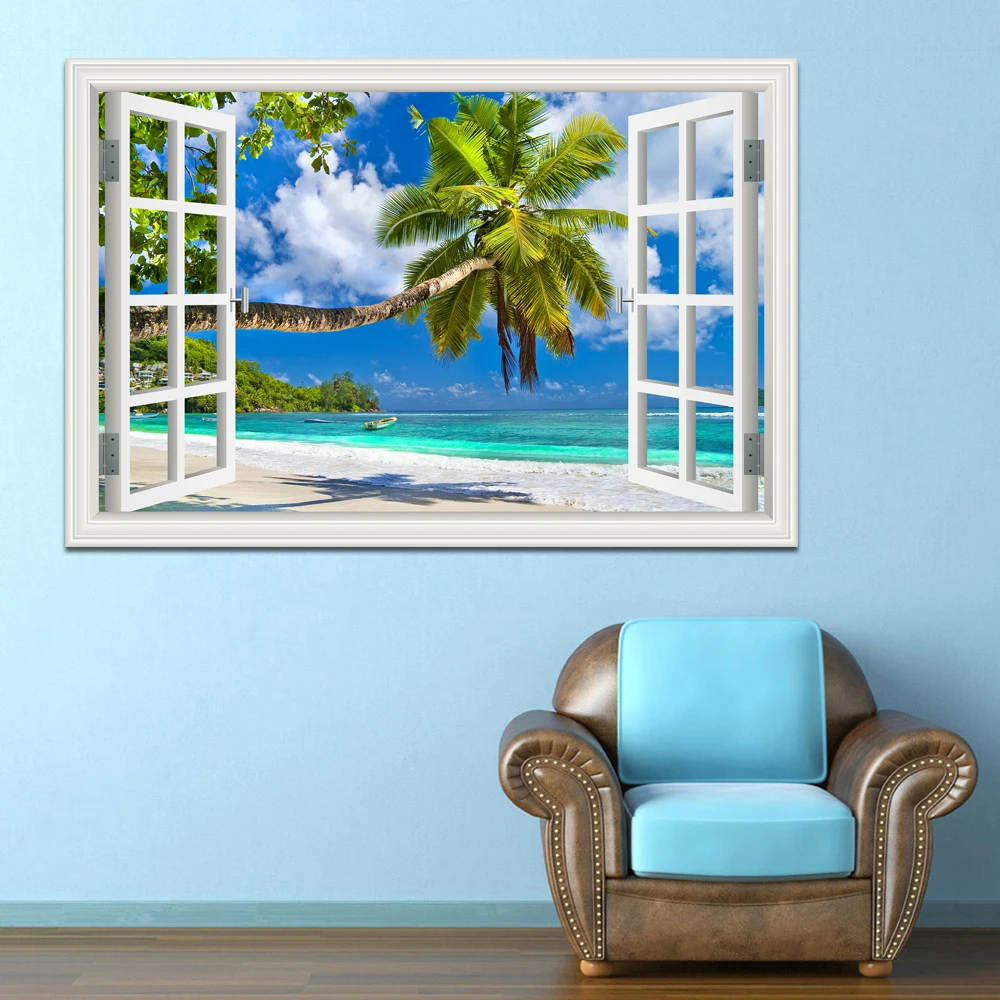 3D Beach Window View Wall Sticker Removable Summer Coconut Tree Murals Wallpaper Peel and Stick Living Room Kitchen Sticker