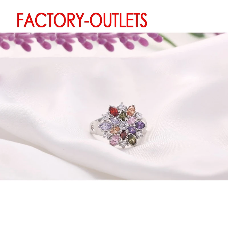 925 Sterling Silver Ring Fashion Jewelry Colourful Cubic Zirconia Flower Design Cute Style Women Girls Party Engagement