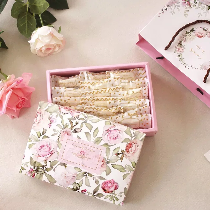21*14*5cm 5pcs spring rose in garden Cookie mooncake Gift Paper Box and bag Macaron Chocolate Snacks Sweet Candy Storage Boxes