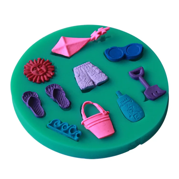 Silicone 3D Happy Summer Beach Vocation Sun Kite Sea Wave Slipper Shorts Fondant Decorating Mould Kitchen DIY Tools Soap Mold