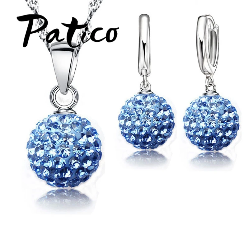 Hot New Jewelry Sets 925 Sterling Silver Needle Austrian Crystal Pave Disco Ball Lever Back Earring Pendant Necklace Woman