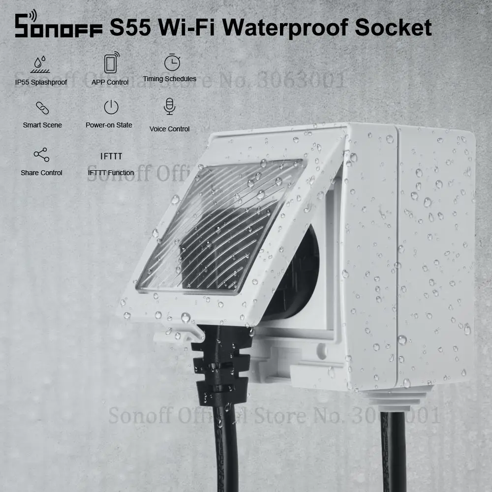 SONOFF S55 Waterproof IP55 Wifi Smart Power Socket, Timer Outdoor AU/EU/UK/US/ZA Plugs APP/Vocie Remote Control Works with Alexa