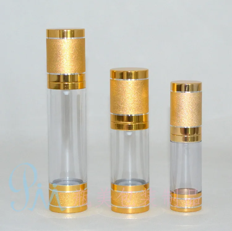 Wholesale 100pcs 30ml  golden plastic cosmetics Lotion Bottles with airless pump , hot sale 30ml airless pump packaging