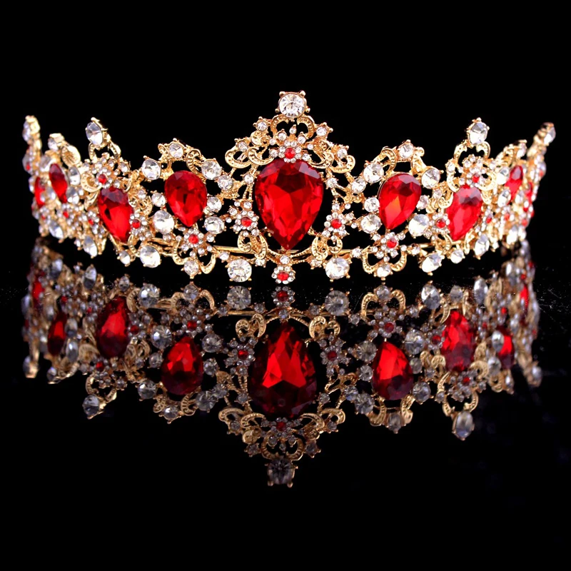 KMVEXO Baroque Red Green Crown Crystal Bridal Tiara Vintage Gold Color Hair Accessories Wedding Rhinestone Diadem Pageant Crowns
