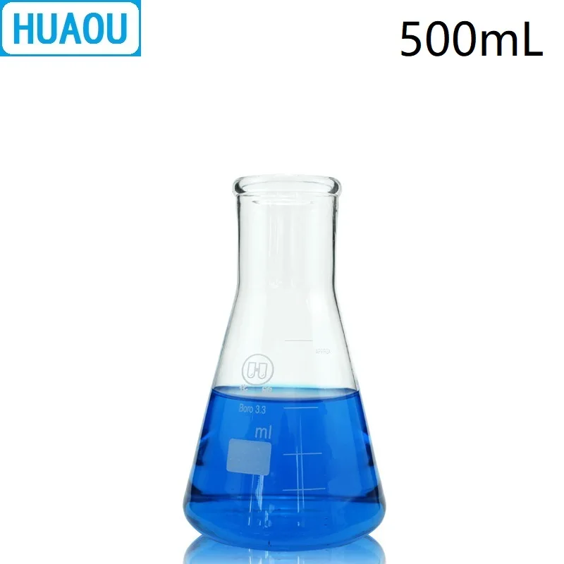 HUAOU 500mL Erlenmeyer Flask Wide Neck with Silicone Plug Stopper Graduation Boro 3.3 Glass Conical Triangle Lab Equipment