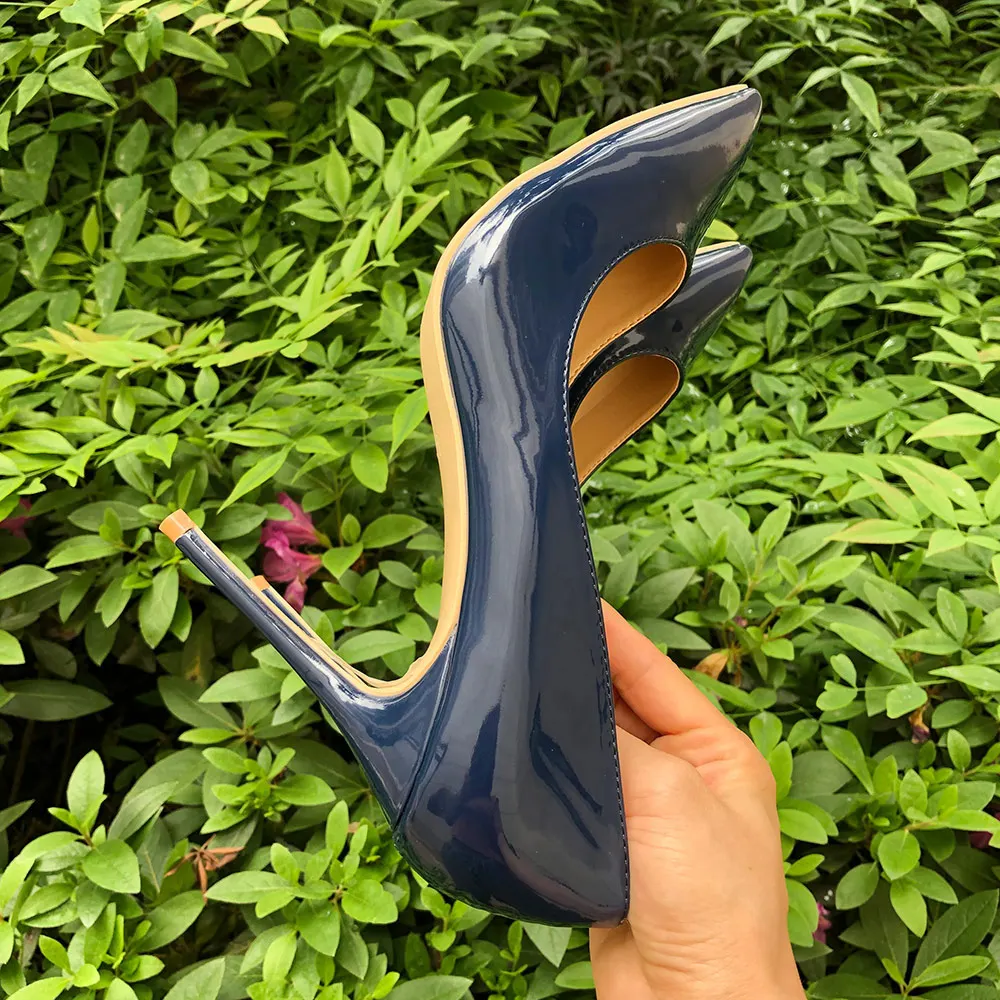 Veowalk Italian Style Women Pointed Toe High Heels Gloss Patent Leather Stilettos Ladies Solid Color Pumps Shoes Navy Blue