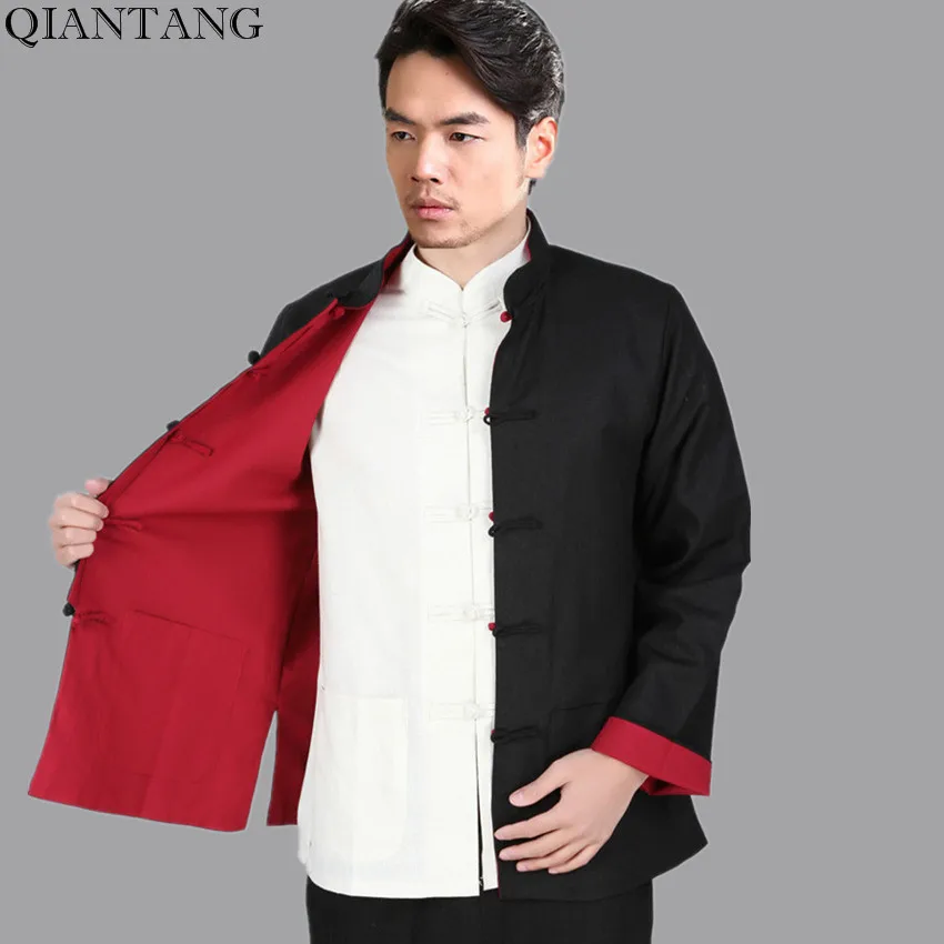 Black Red Vintage Chinese Two-Face Coat Men Cotton Linen Reversible Kung Fu Jacket Size S M L XL XXL XXXL hombre chaqueta Mim22G