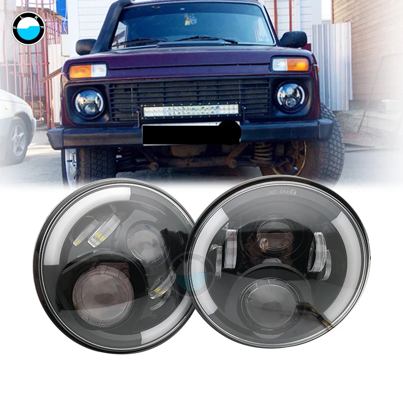 7นิ้ว60W H4 LED ไฟหน้า Wrangler 7 "รอบไฟหน้าสำหรับรถจี๊ป JK TJ LJ Lada Niva 4X4 Suzuki Samurai Hummer