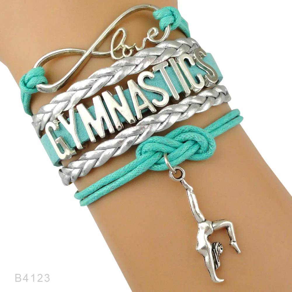 Gymnastics Love Infinity Charm Bracelets Sports Jewelry Pink Green Wax Cords Girl Boys Gift Drop Shipping