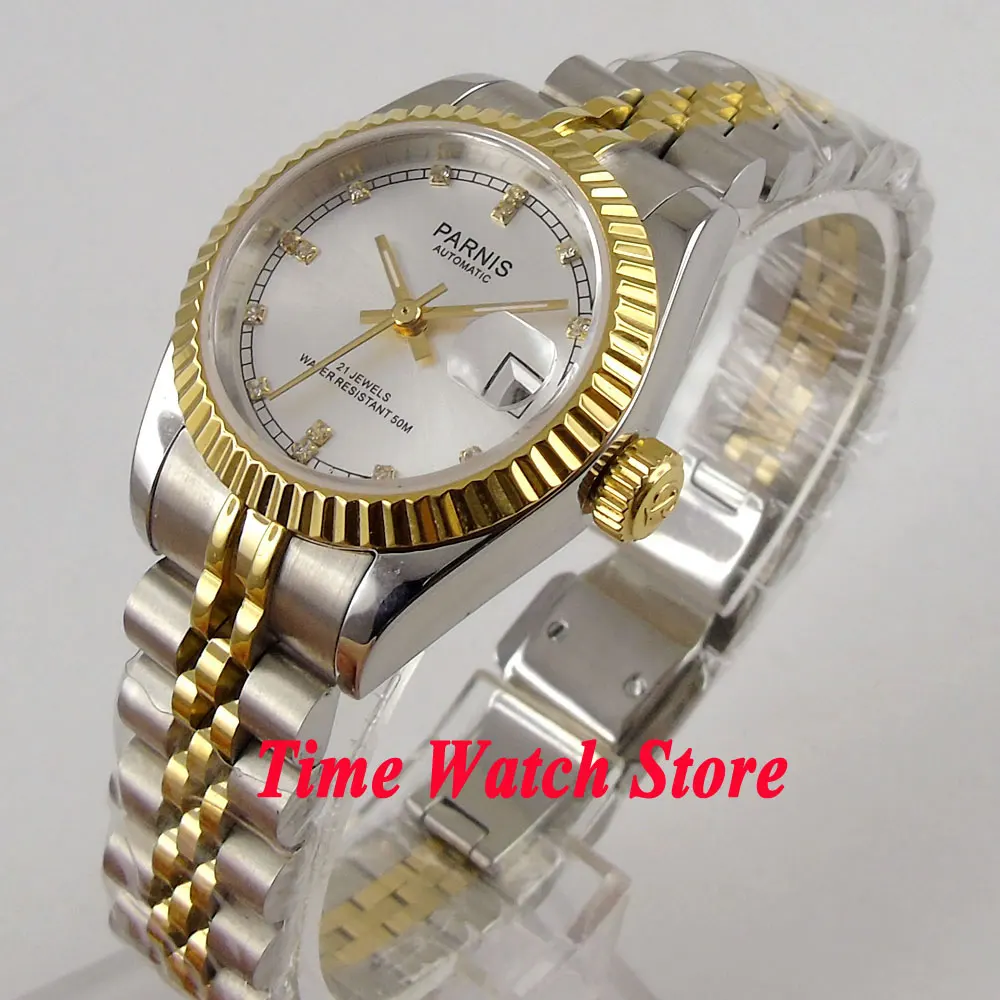 Parnis 26mm Ladies Watch  Miyota 6T51 Sapphire Glass Automatic Movement Womens Wristwatch Date Silver Dial Golden Bezel